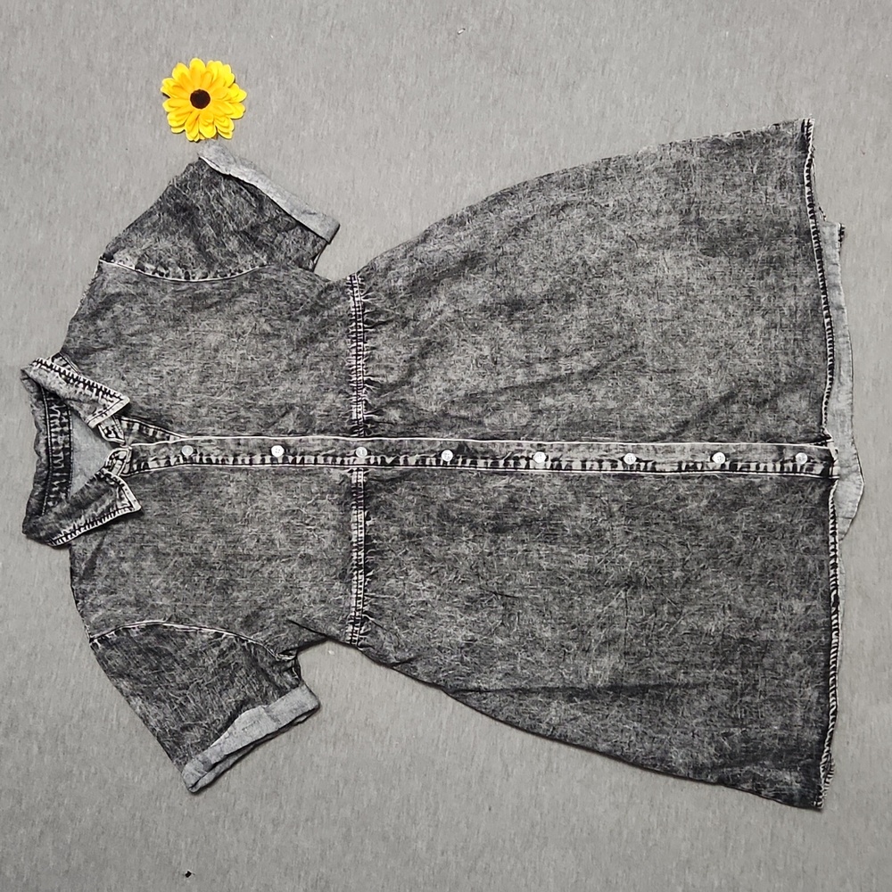 Vintage Acid Wash Black Gray Denim Button Down Collared Babydoll Mini Dress - Picture 3 of 14